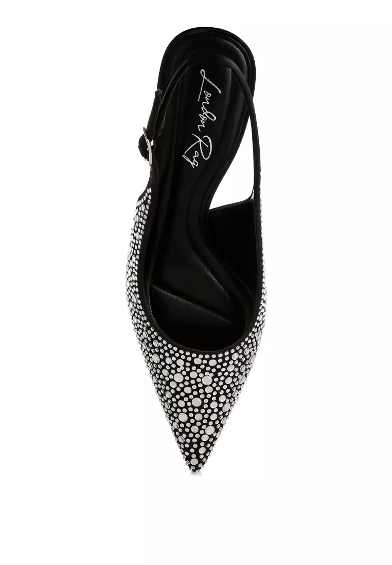 Pointed Toe Rhinestone Slingbacks in Black