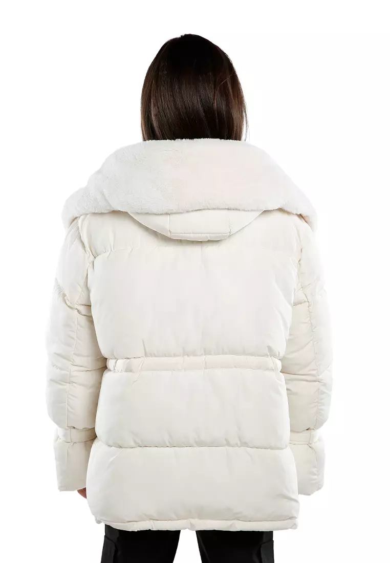 Cream Long Puffer Jacket Hoodie