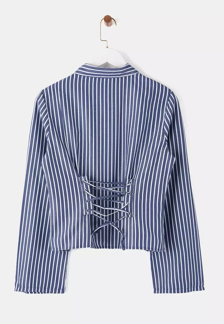 Navy Blue-White Corset Detailed Fitted Waist Shirt Twoaw26Go55