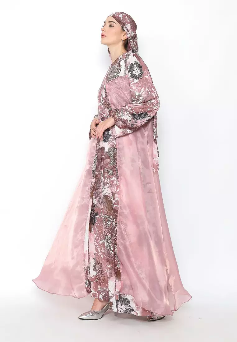 Rinjanie x Senorita  - Gamis Rosslen Dusty Pink - Gamis Set Scarf Raya - Gamis Set - Gamis Printing Mix Organza - Dress Raya - Dress mix organza - GMKY - PK