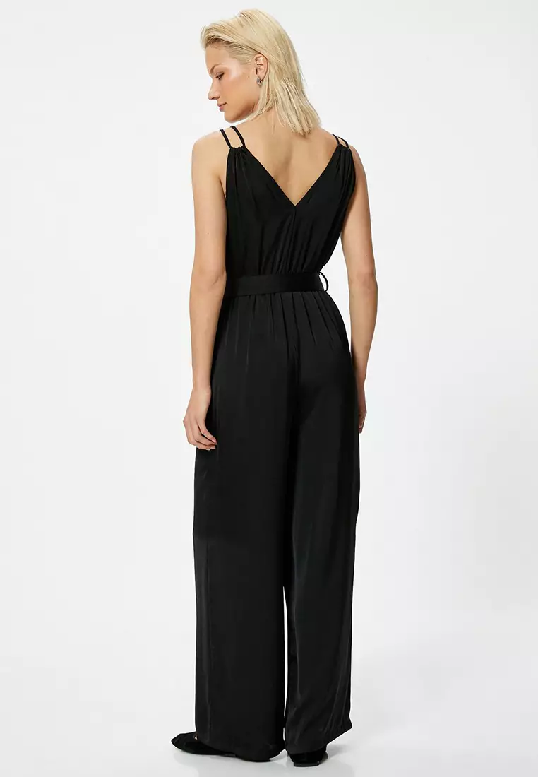Strap Double Breasted Collar Jumpsuit Belted Wide Leg Full Length