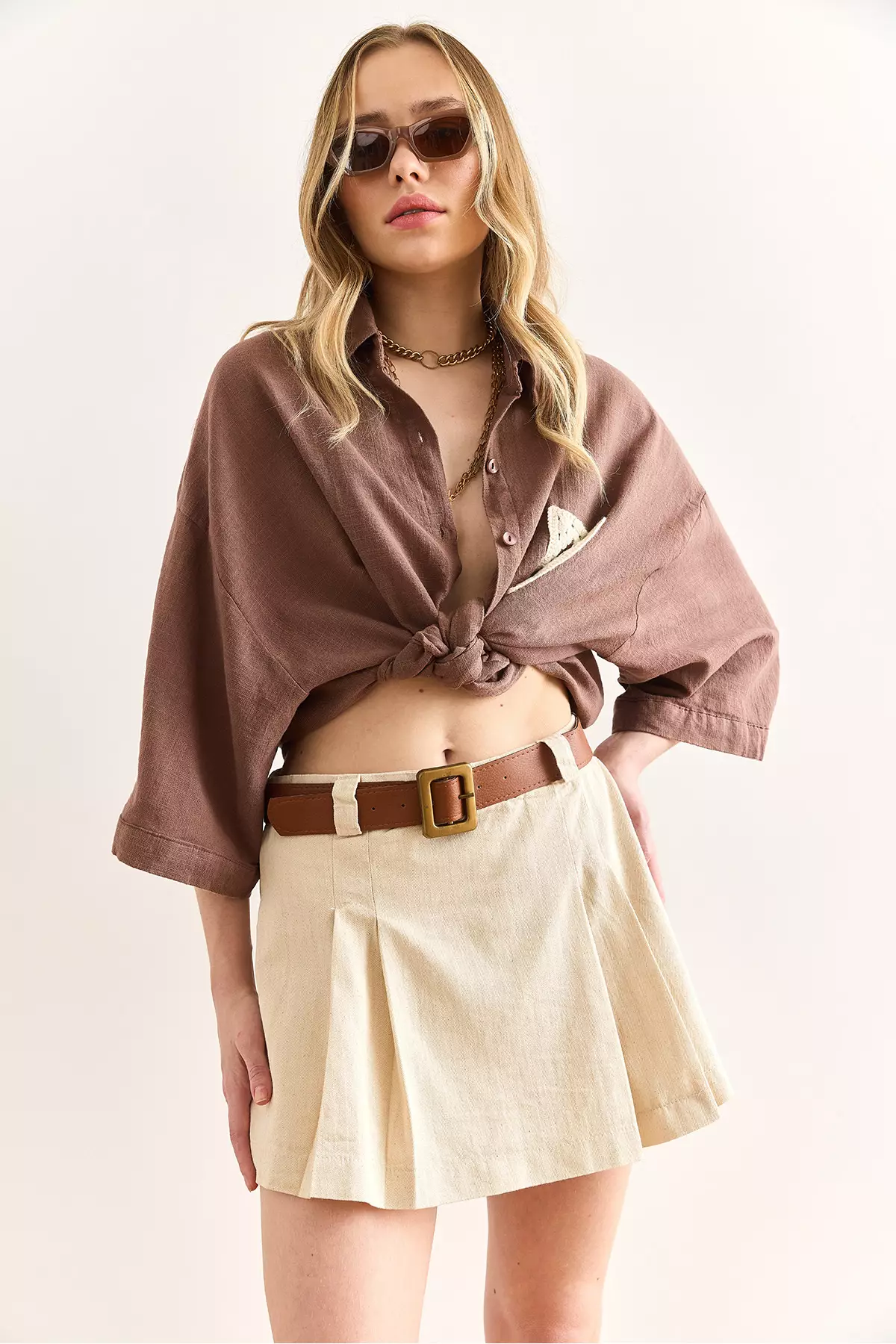 Women's Stone Belted Gabardine Skirt With Shorts Etk-19000324