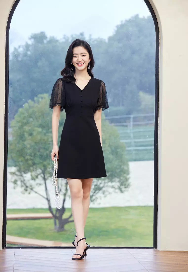 Polka Dot Puff Sleeve Design Midi Dress