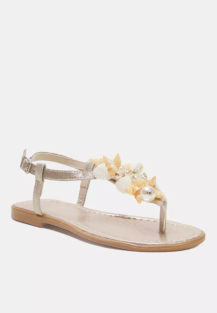 Gold Sea Shell Pearl Detailed Flip Flops Women Stylish Sandals Takss25Sd00008