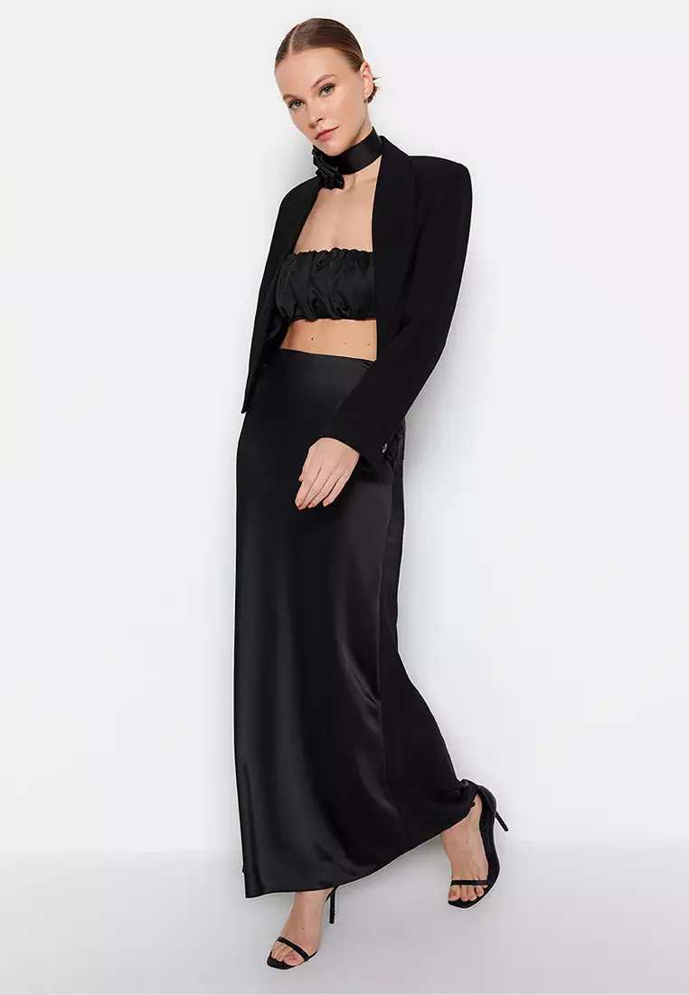 Black Woven Satin Long Skirt