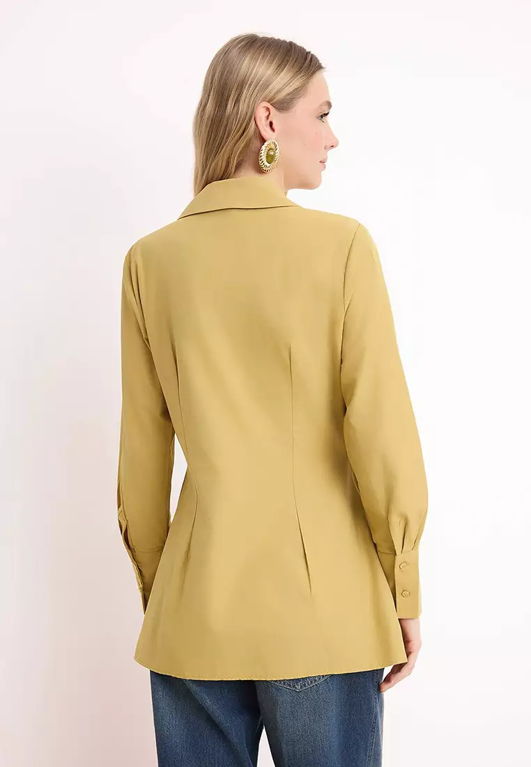 Khaki Double-Breasted Metal Accessory Detail Regular/Normal Fit Shirt Tctss26Tg00023