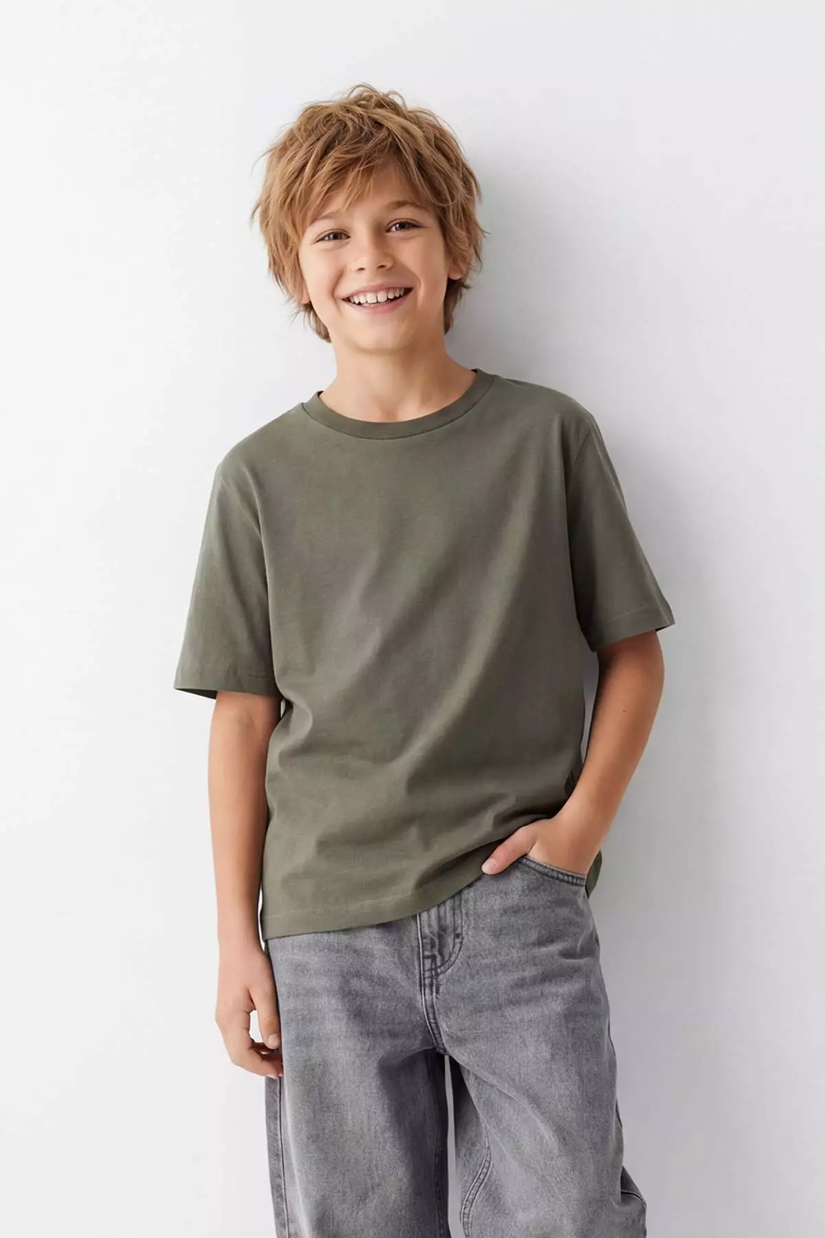 Khaki-Stone Plain Knitted T-Shirt Tkdss25Ts00009