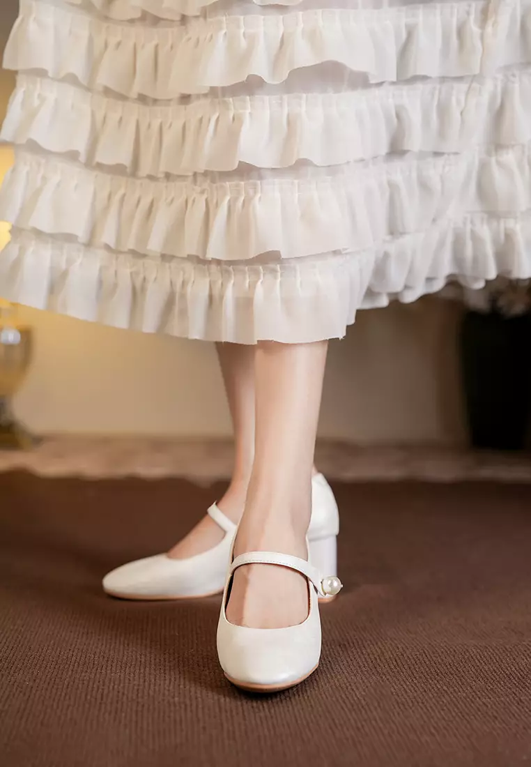 7CM Pearl Strap Cotton Print Mary Jane Shoes BY664-58