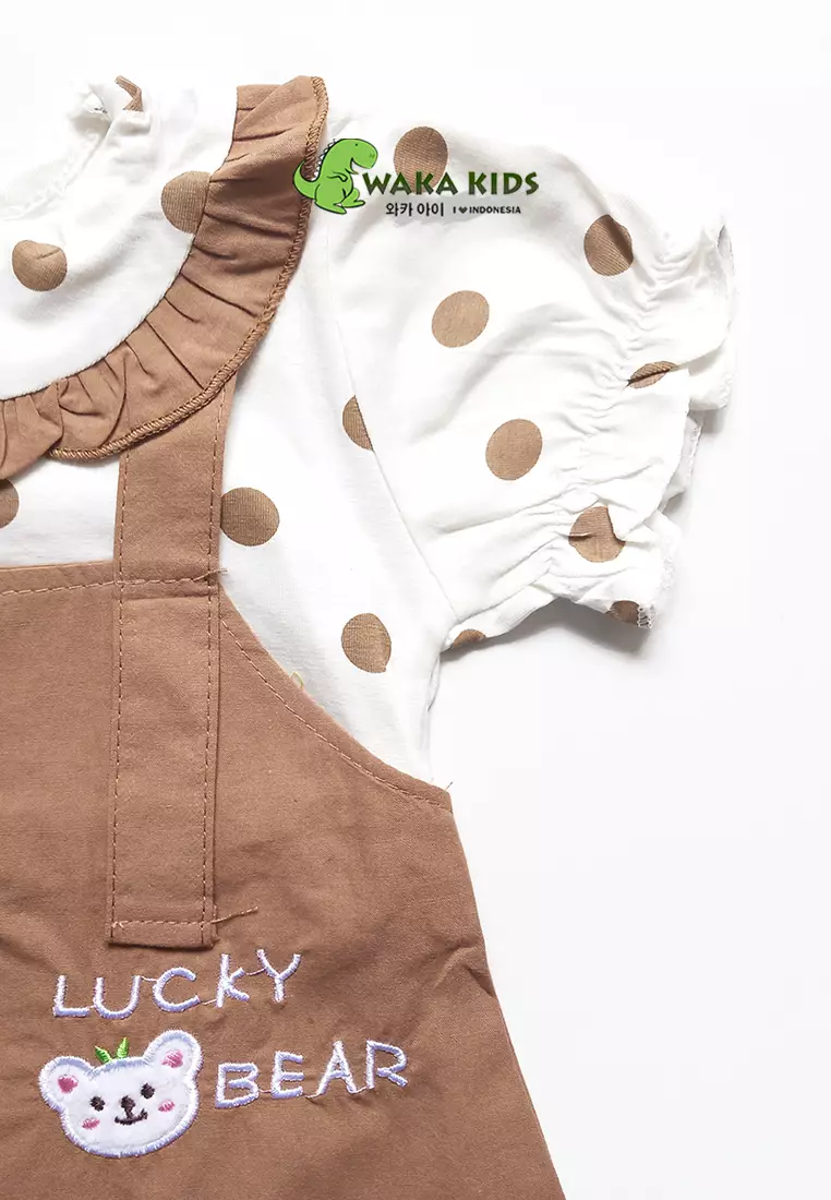 Wakakids Dress Bayi Anak Perempuan Lengan Pendek Katun Polkadot Lucky Bear 4487 Venrc Akula Cokelat