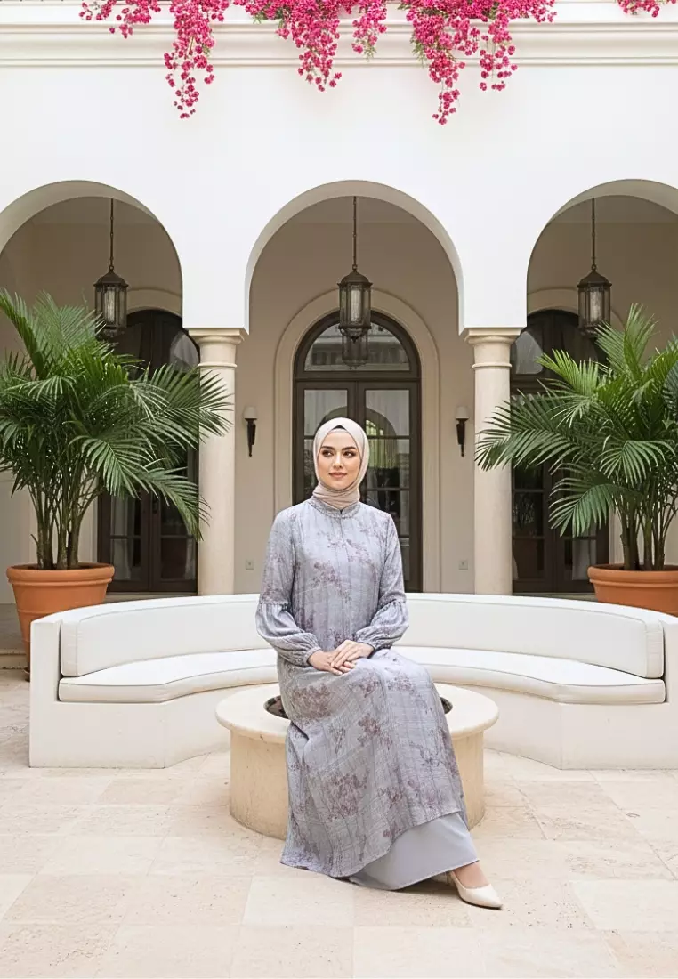 Gamis Wanita Motif Floral Stone Blue Premium Dress Muslimah Elegan Lengan balon By Brilliant Girl Warna BIRU