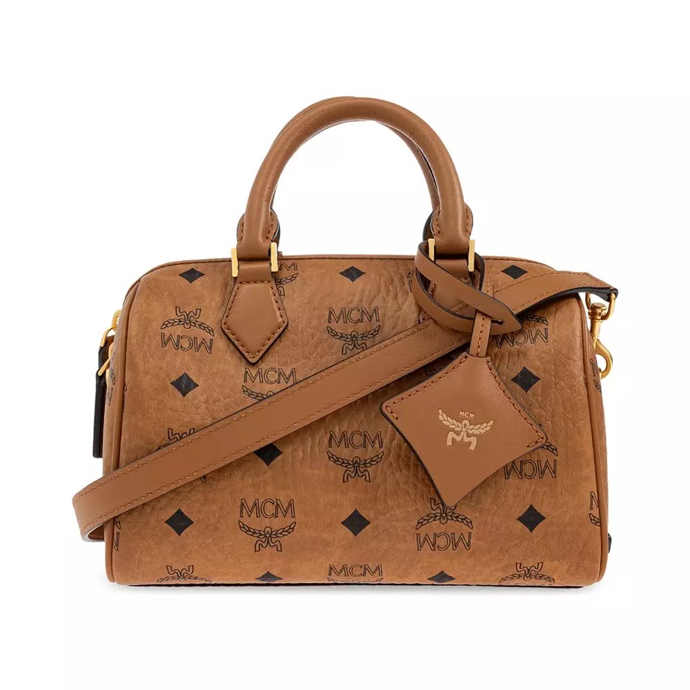 Jual MCM Small Ella Boston Monogram Leather Handbag Cognac