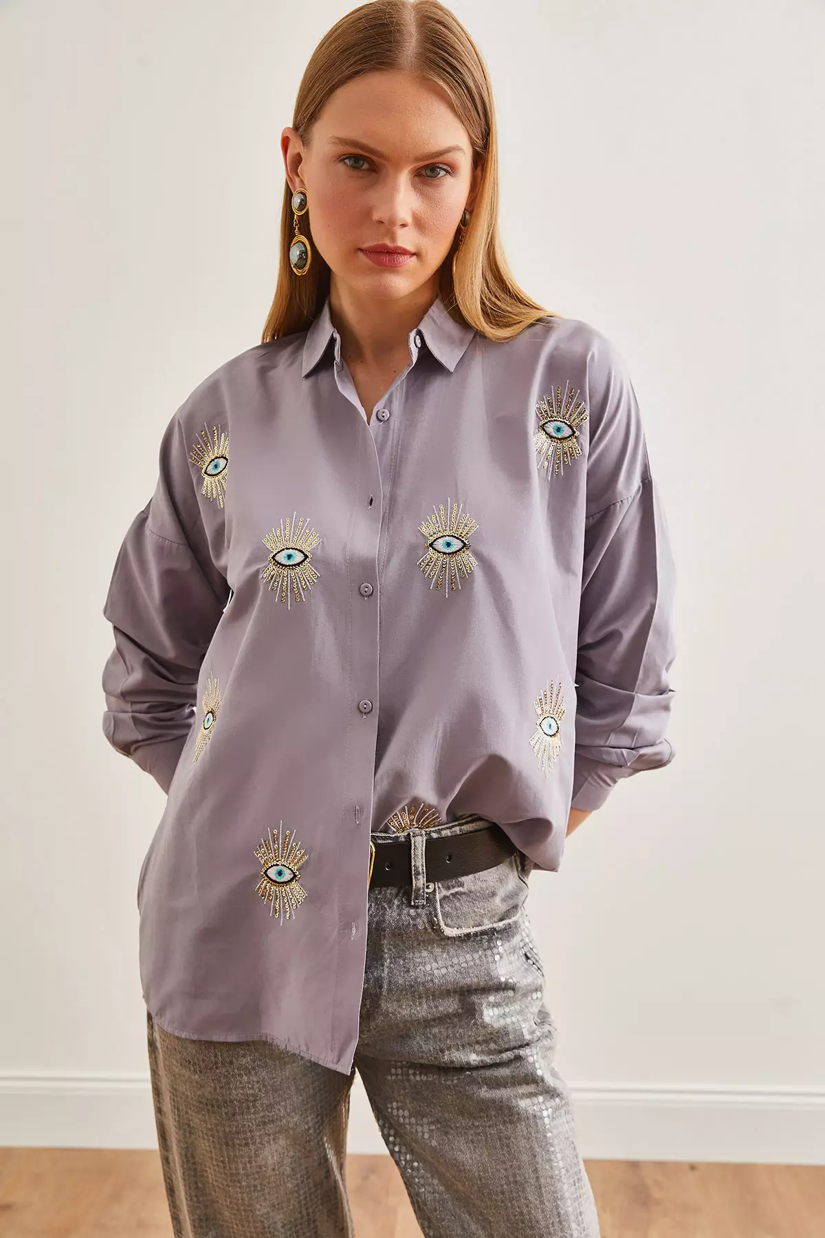 Gray Sequined Woven Women's Boyfriend Shirt - Gml-19000992