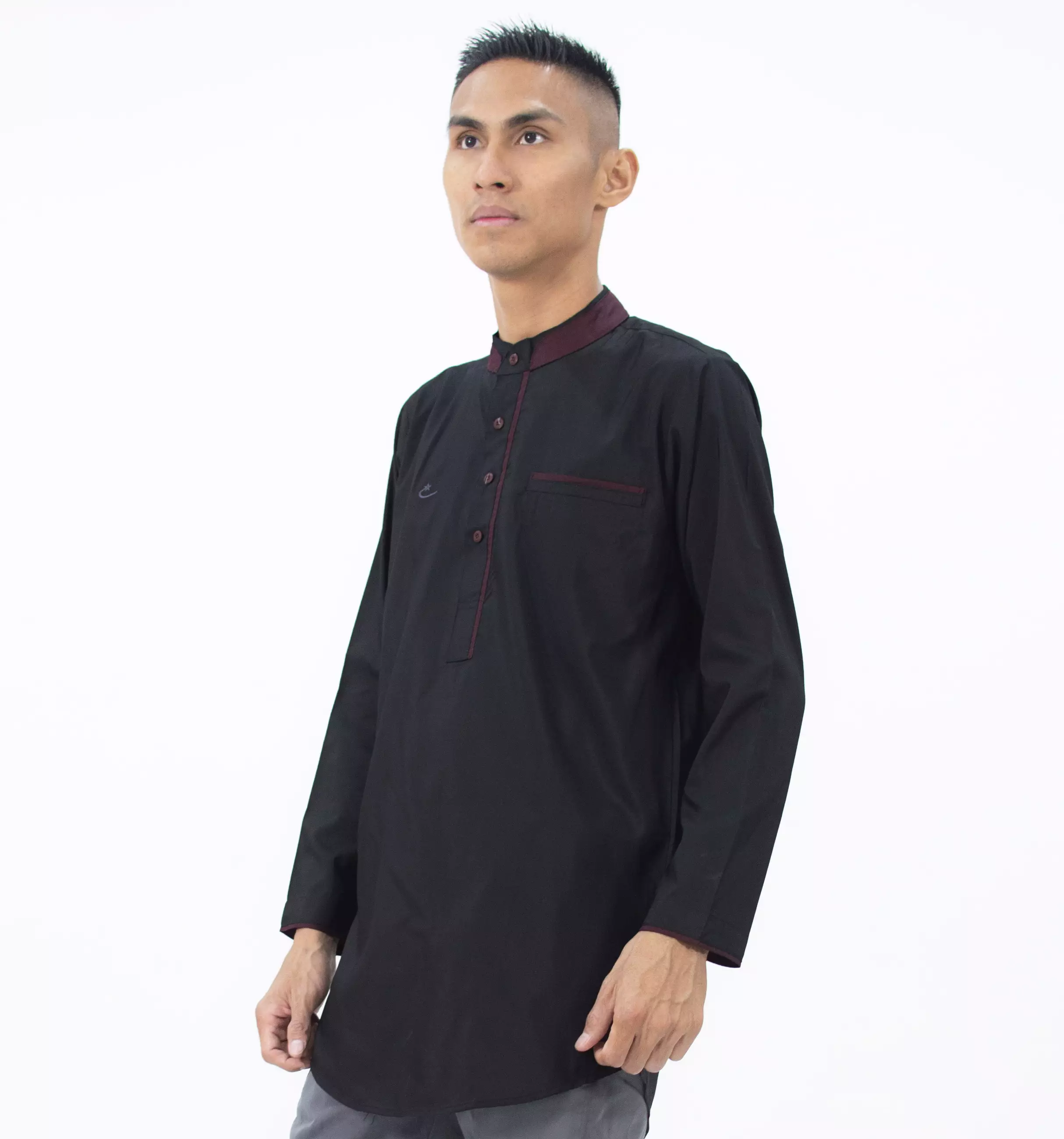 DHABI Baju Lebaran Baju Koko Lengan Panjang Kemeja Koko Kemeja Kurta Pria - HITAM