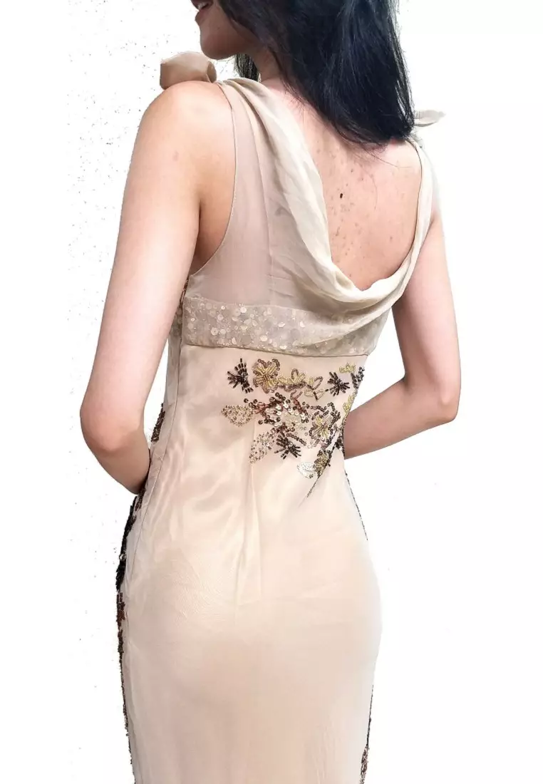 傳統優雅花卉釘珠真絲連衣裙