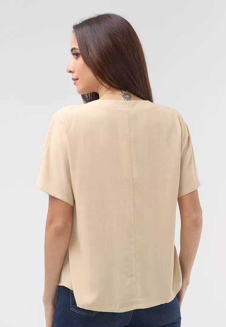 Woven Plain Soft Linen Short Sleeve Blouse
