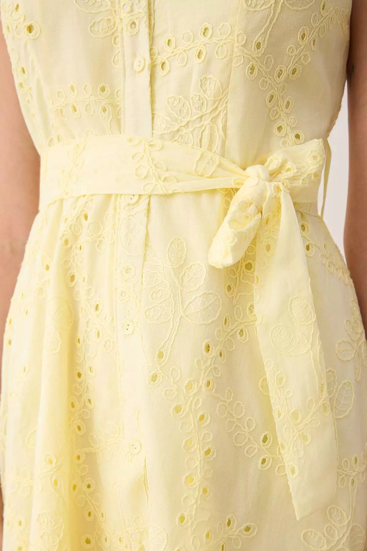 Light Yellow Tie Detailed Plain Short / Mini Woven Dress