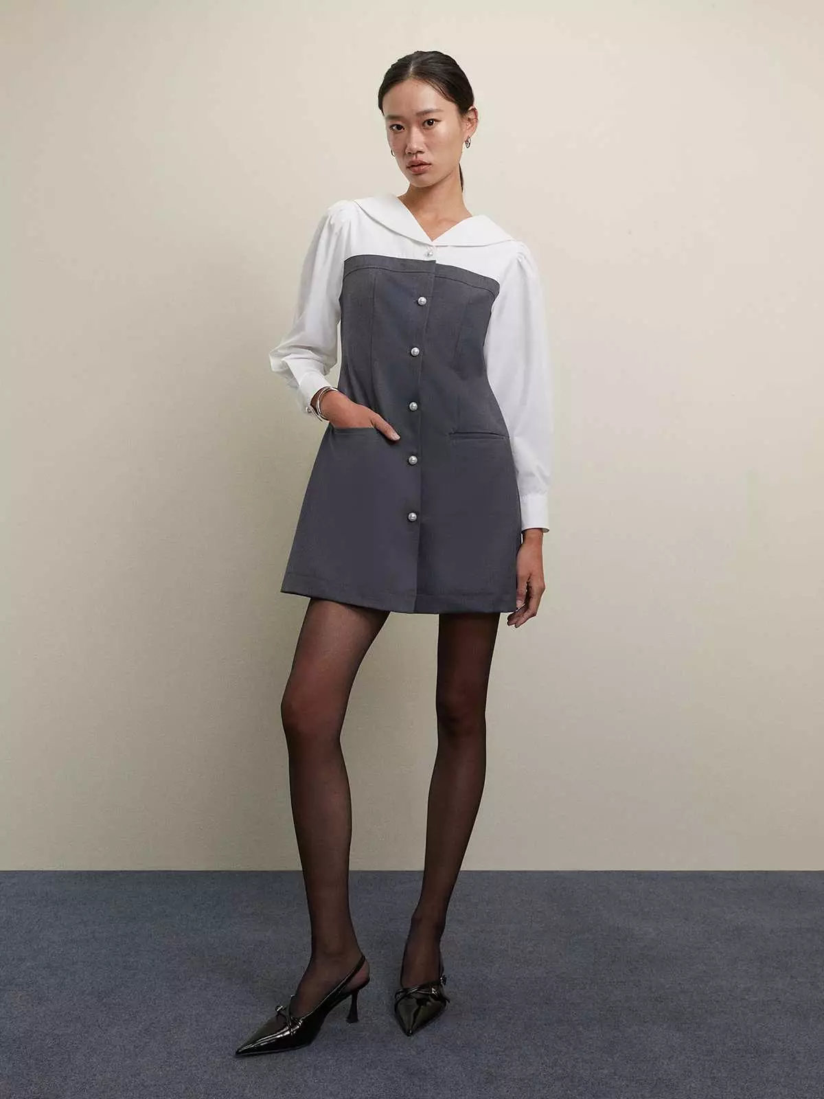 Pearl Button Layered Dress - Mid Grey