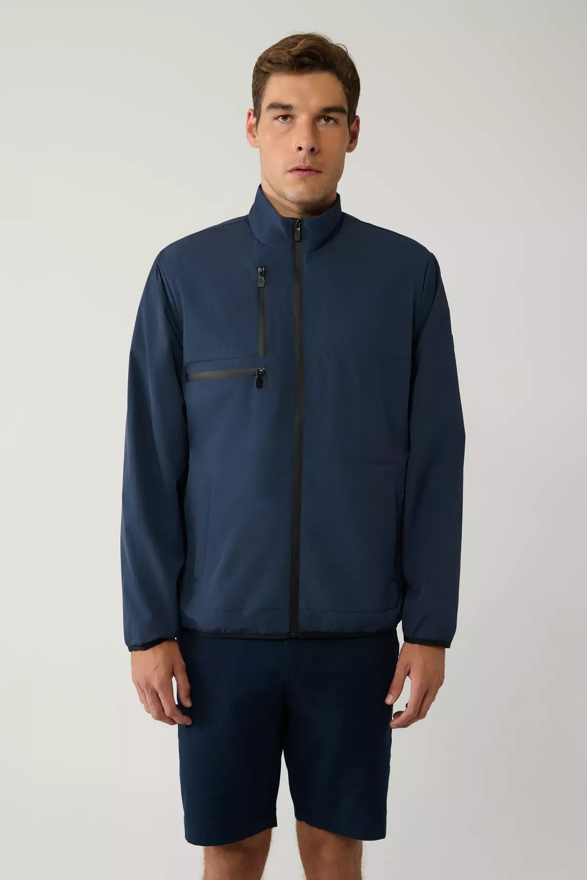 Men'S Navy Blue Stand Collar Mesh Lined Zippered Water Repellent Comfort Fit Coat A41Y6012