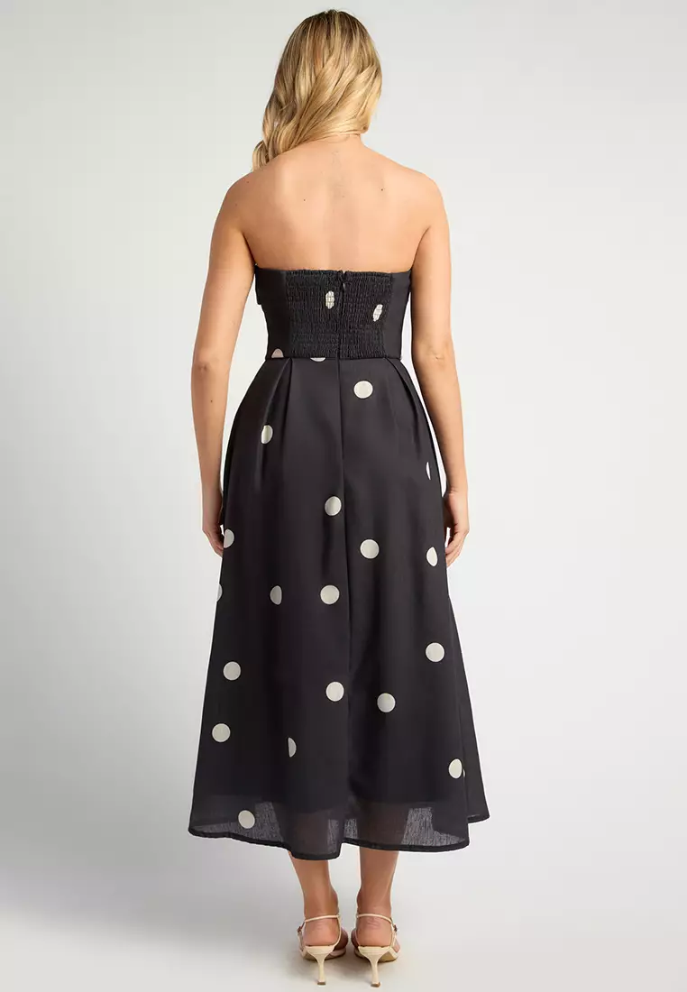 Polkadot Folded Neckline Midi Dress With Pockets