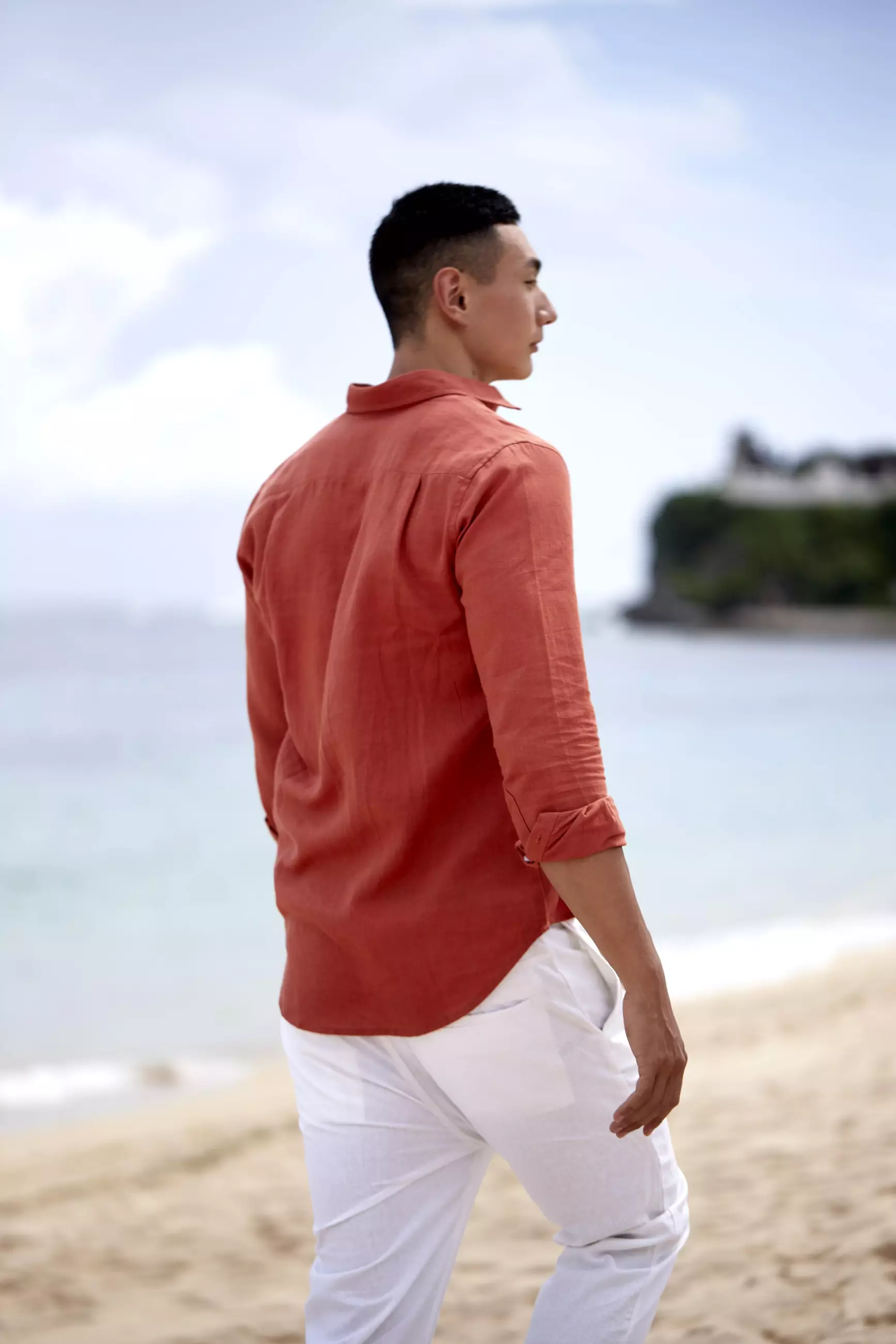 Terracotta Kemeja Linen Lengan Panjang Pria Merah Bata | Linen Long Sleeve Shirt Men Red