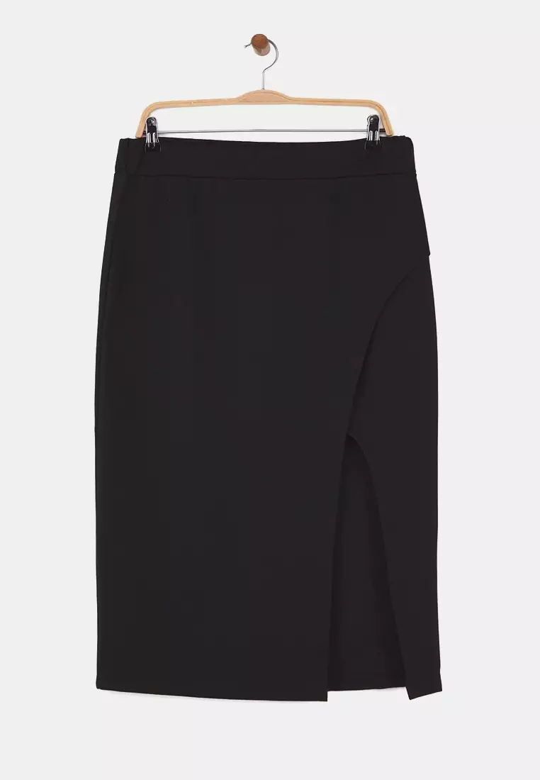 Plus Size Slit Stretch Midi Skirt