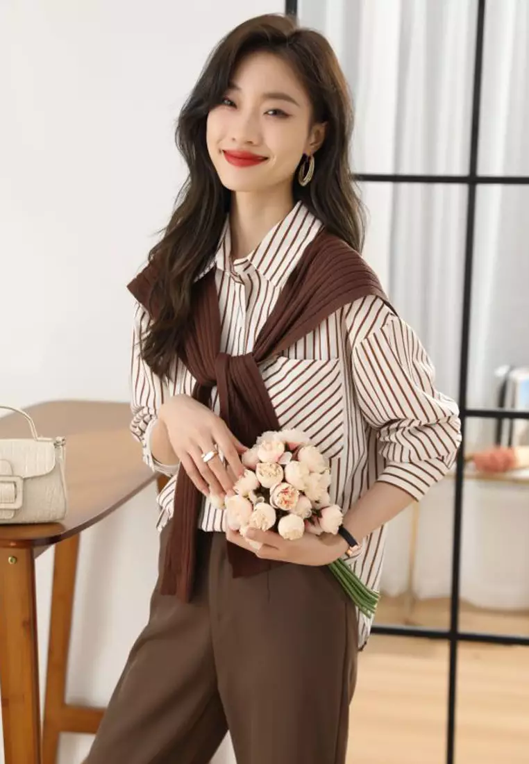 Buy Halo Striped Long Sleeves Shirt With Scarf (2pcs) 2025