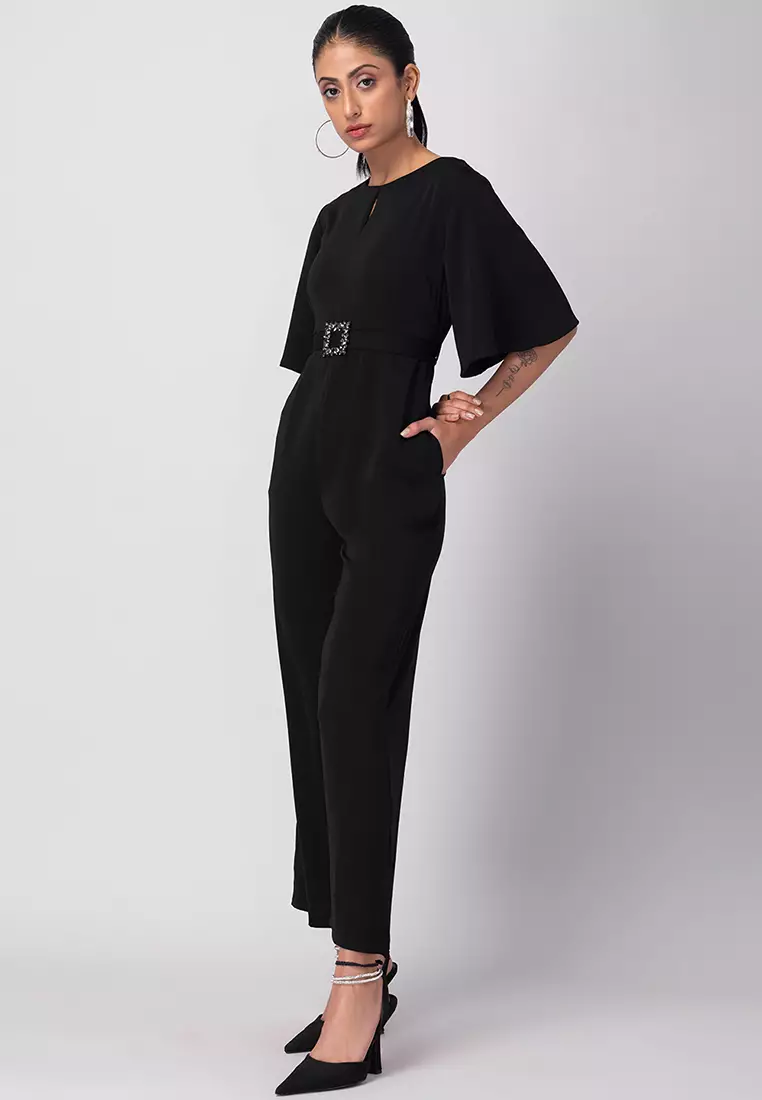 Black Flare Sleeve Jumpsuit with Self Fabric Buckle Belt
