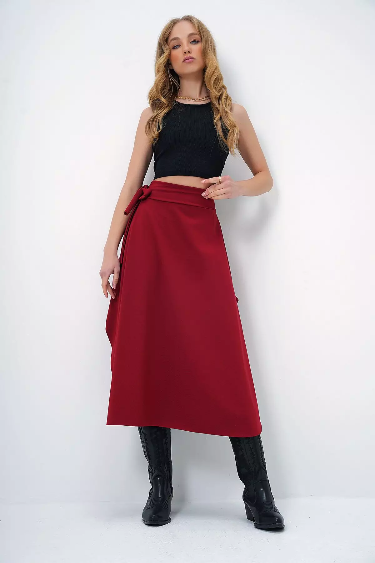 Bordeaux Ethnic Pattern Midi Asymmetric Regular Skirt