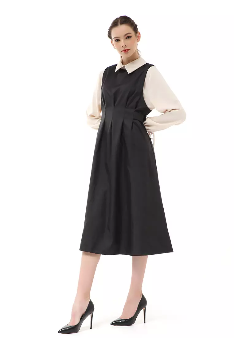 Rachel Midi Dress Wanita Slim Waist Lengan Karet Kombinasi Warna Material Cotton ORIGINAL - Black