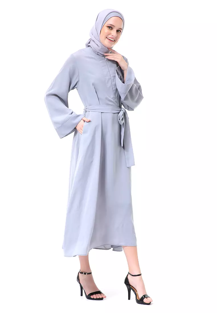 Khalisa Aiza Long Abaya Gamis Self Tie Belt Premium High Quality - Silver