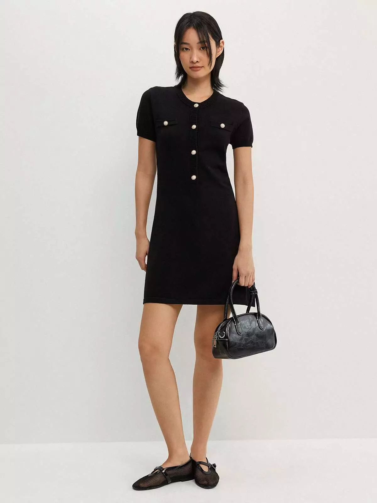 Pearl Button Knitted Mini Dress - Black