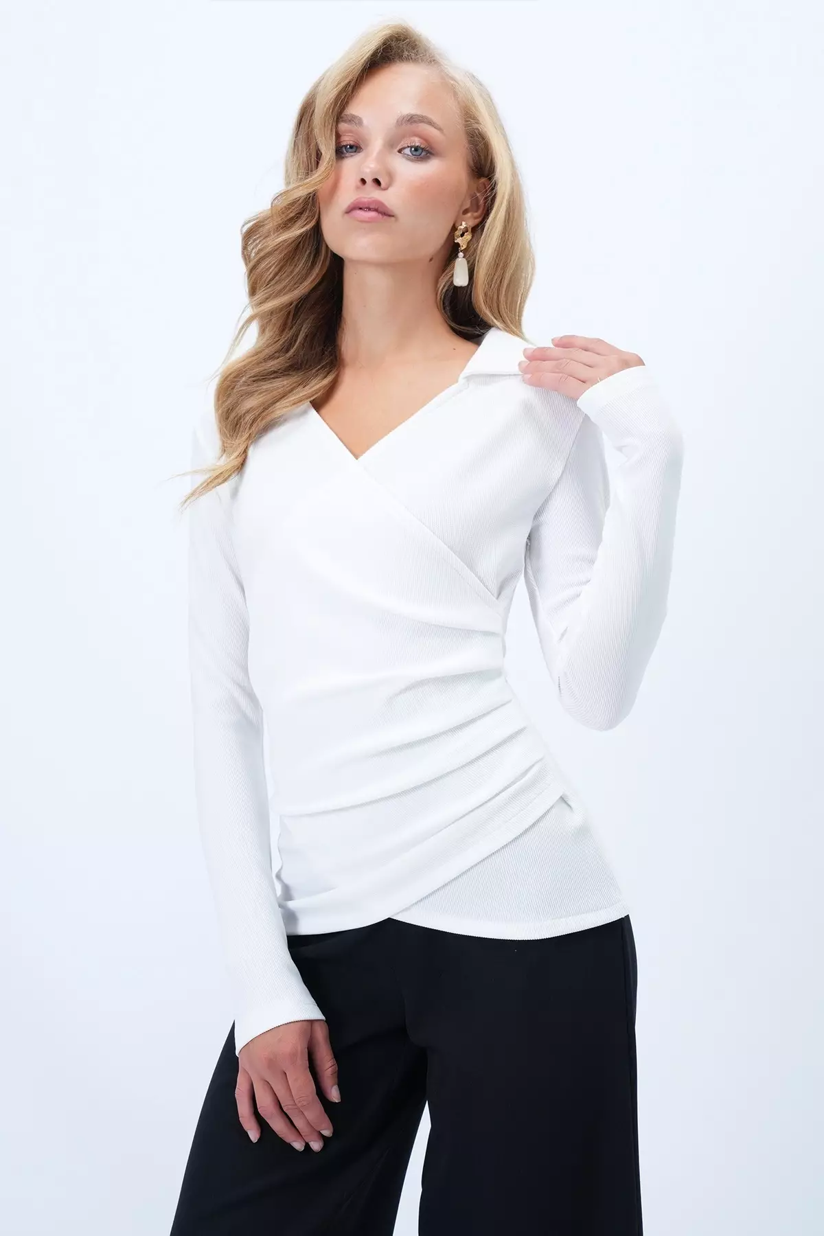 Women's White Shirt Collar Double Breasted Cut Drape Detailed Ottoban Blouse Alc-X14344