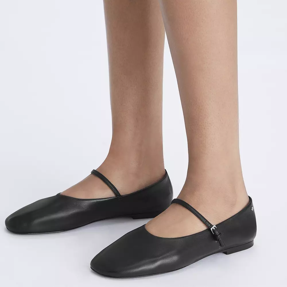 Mary Jane Back Metal Logo Ballet Flats Black