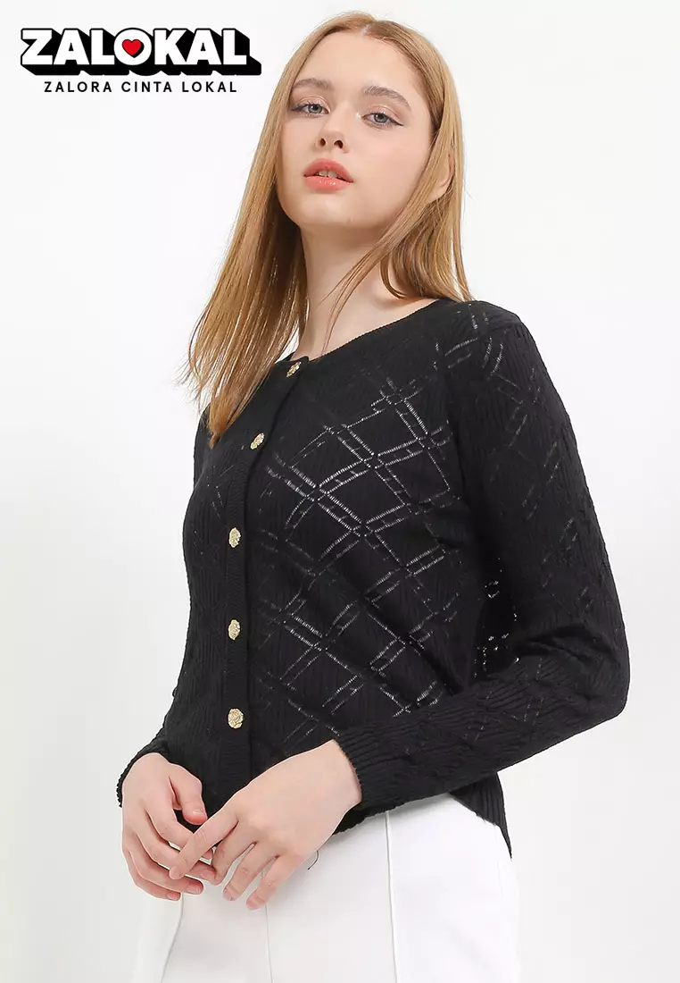 L/S Diamond Pattern Knit Cardigan W/ Rose Buttons
