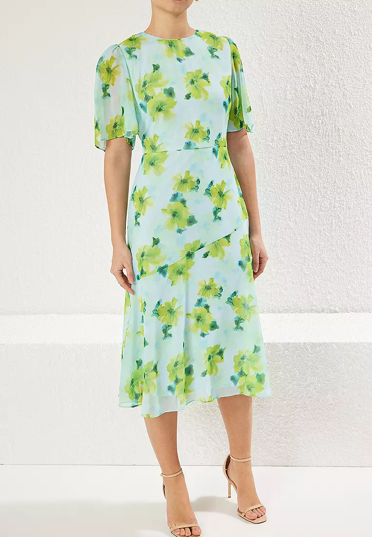 Light Blue Plain A Cut Midi Woven Dress