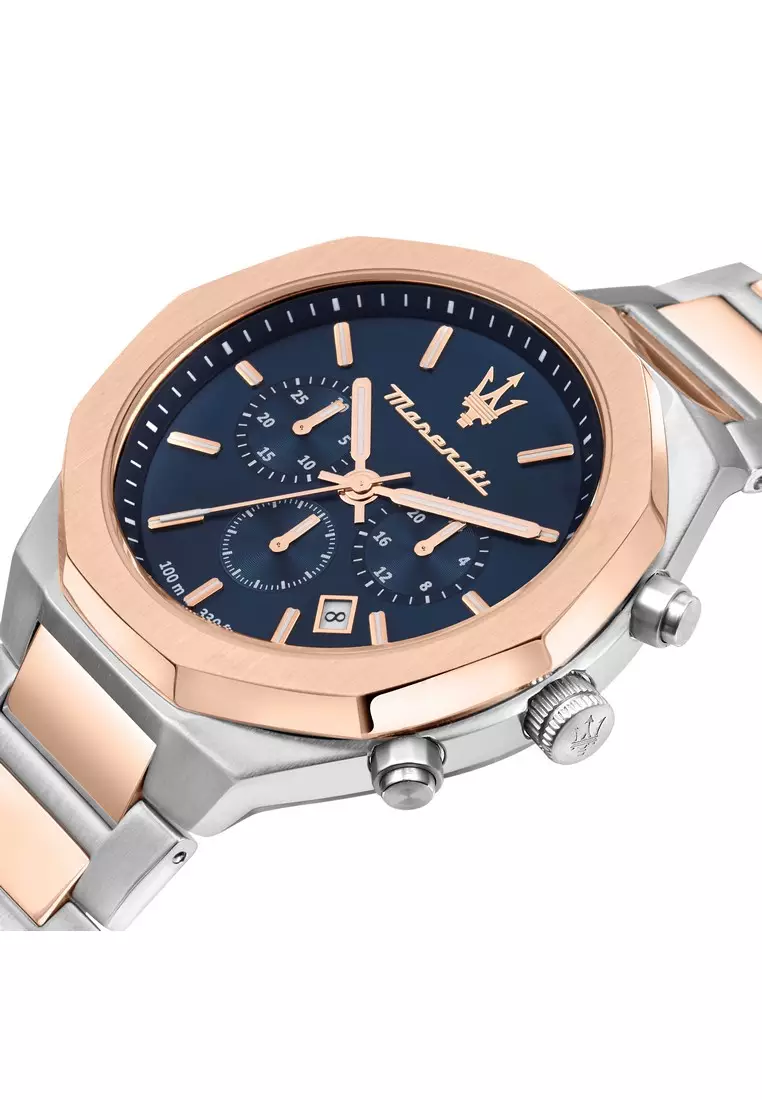 【2 Years Warranty】Maserati Stile 45mm Blue Sunray Dial Men's Chronograph Quartz Watch R8873642002 With Luminous Dial Hands