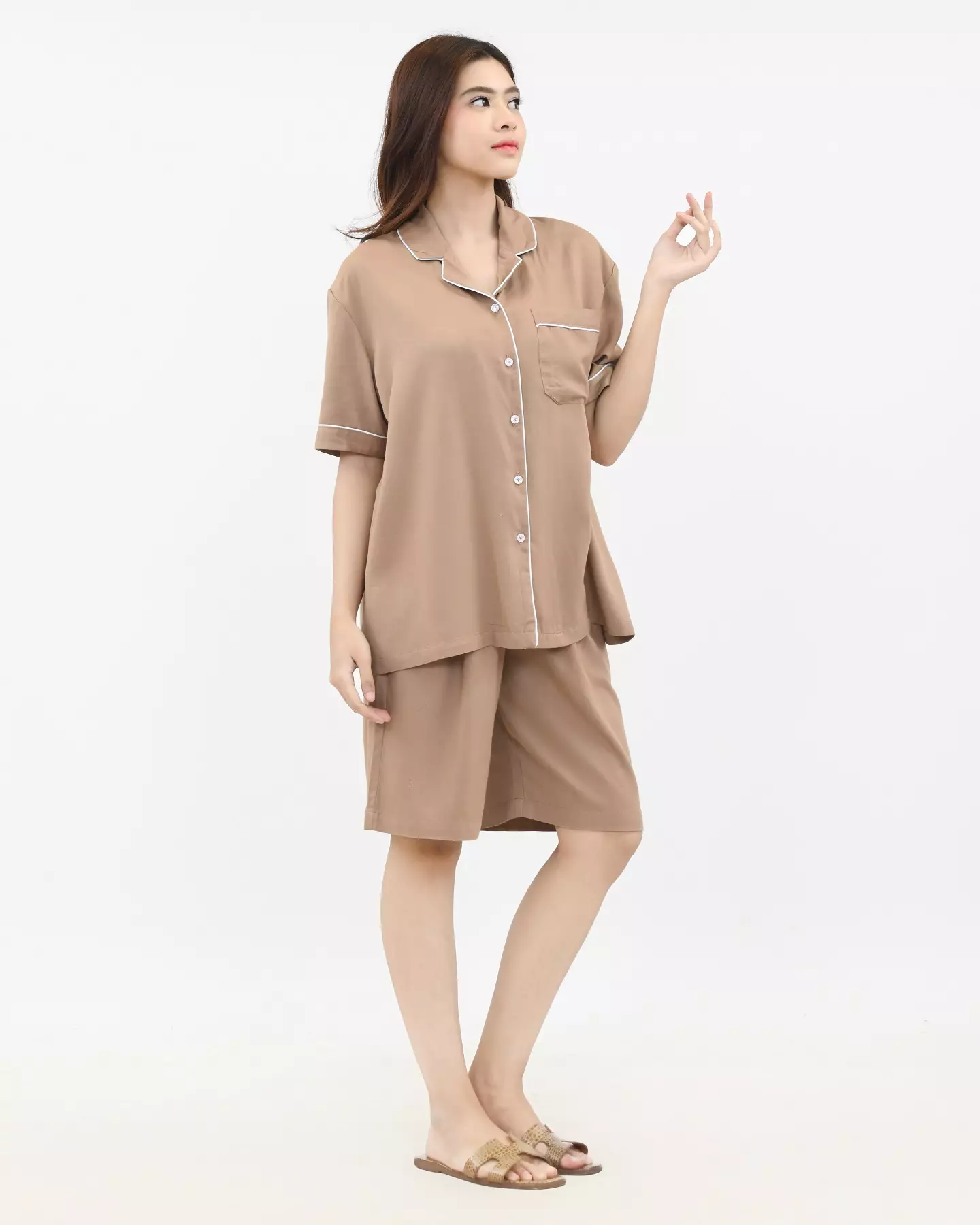 Setelan Piyama Katun Wanita Keisha [COKLAT] SIZE L-XXL Baju Tidur Short Sleeve Short Pants Plain Sleepwear