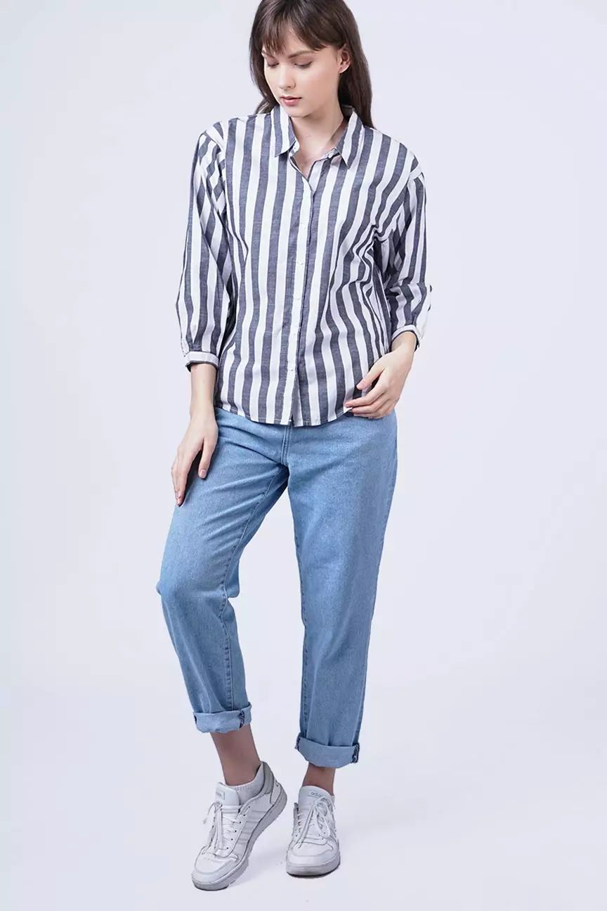 Kemeja Wanita Gracia Stripe Black Offwhite