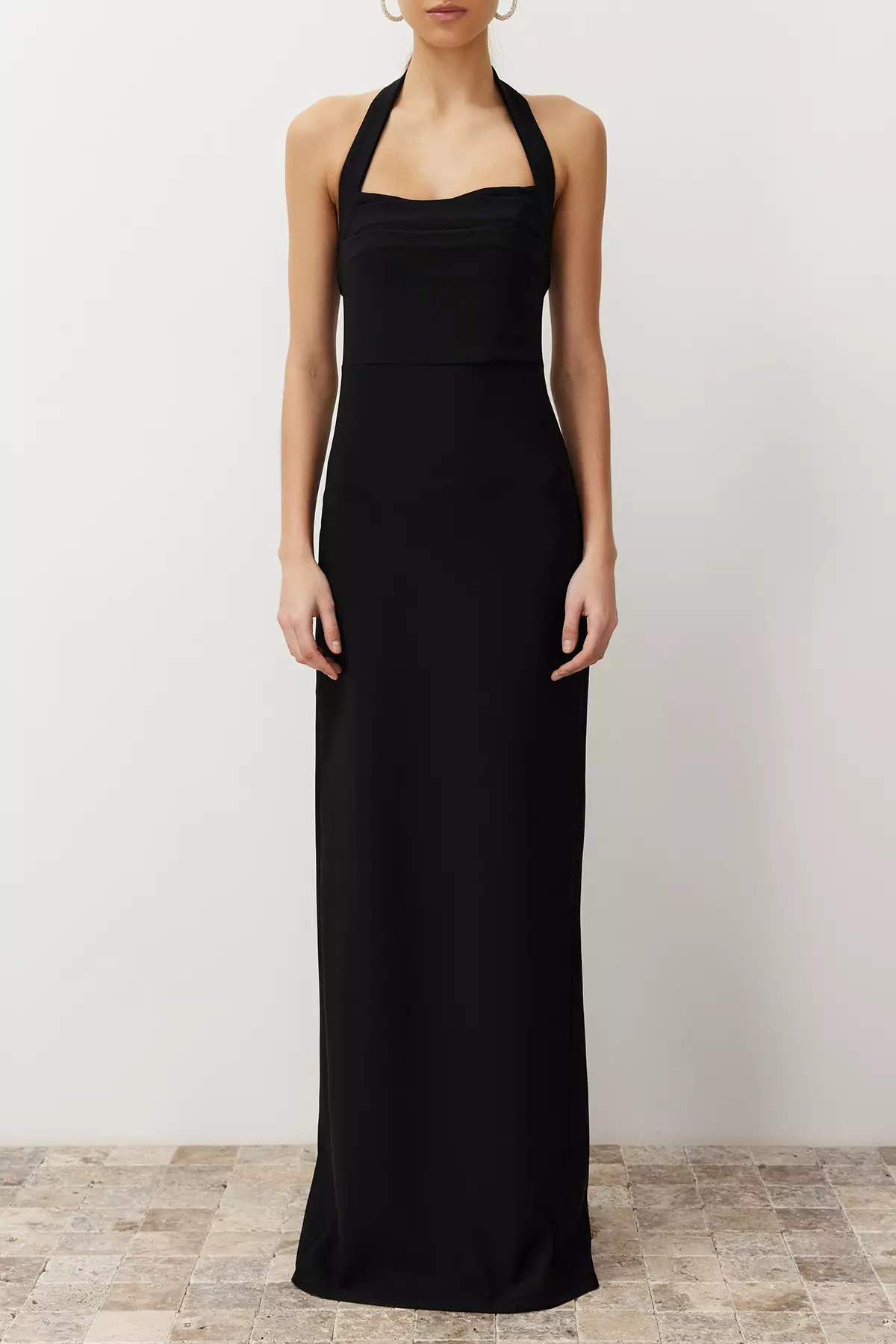 Black Bodycon Cowl Neck Woven Long Elegant Evening Dress
