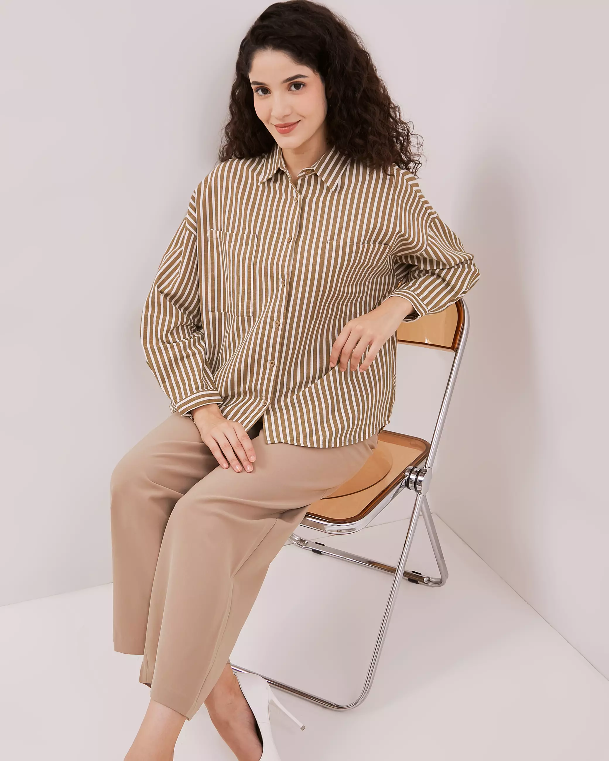 Urban Exchange Anisa Light Brown Shirt - Kemeja Oversize Stripe Garis Lengan Panjang Warna Light Brown