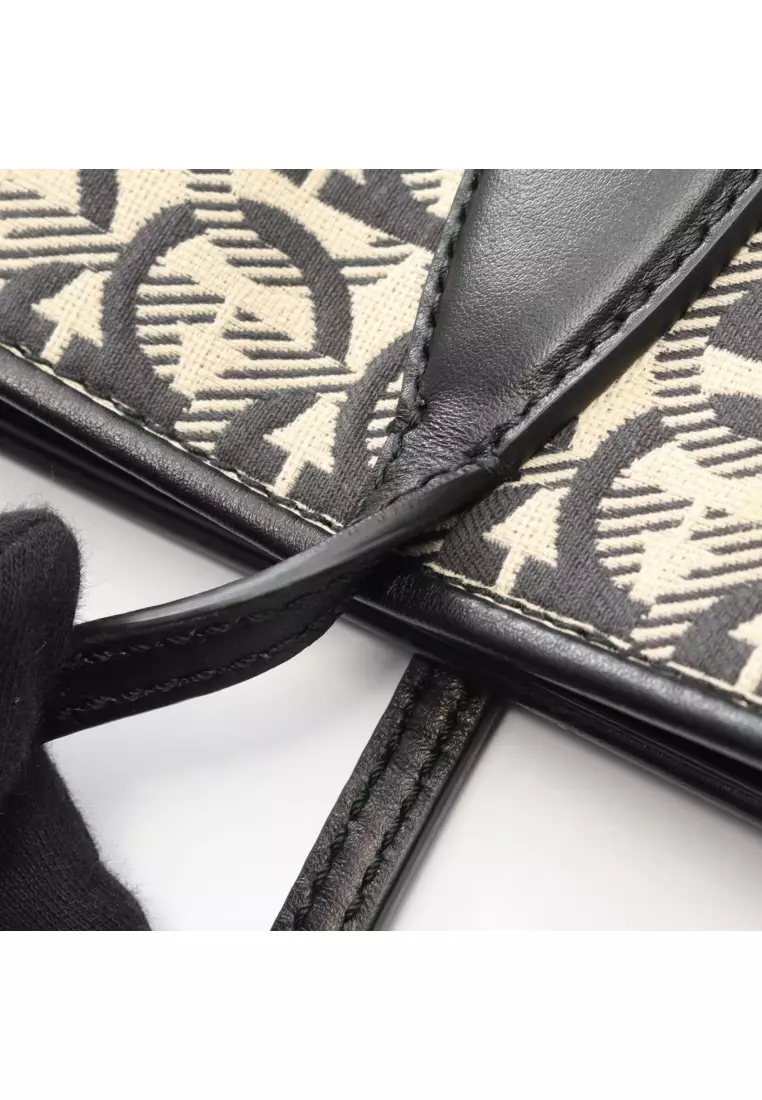 Pre-Loved Salvatore Ferragamo Gancini Shoulder bag tote bag canvas leather black beige
