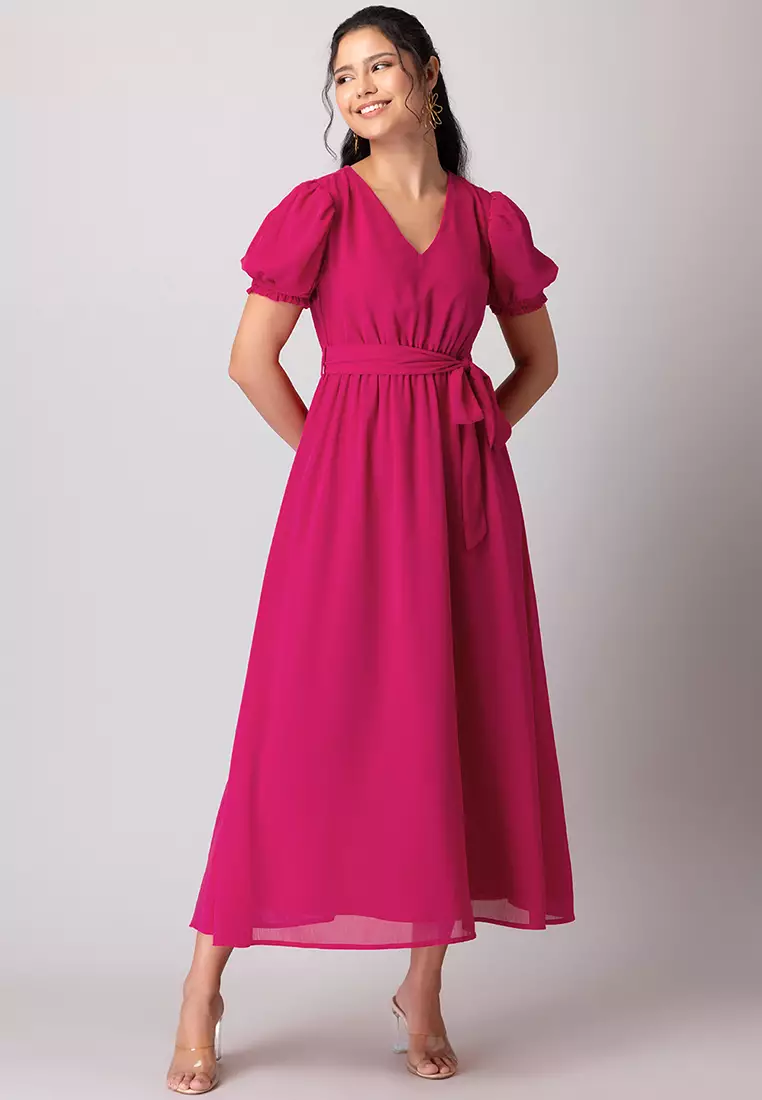 Buy FabAlley Hot Pink V-Neck Maxi Dress With Tie Up Belt 2025
