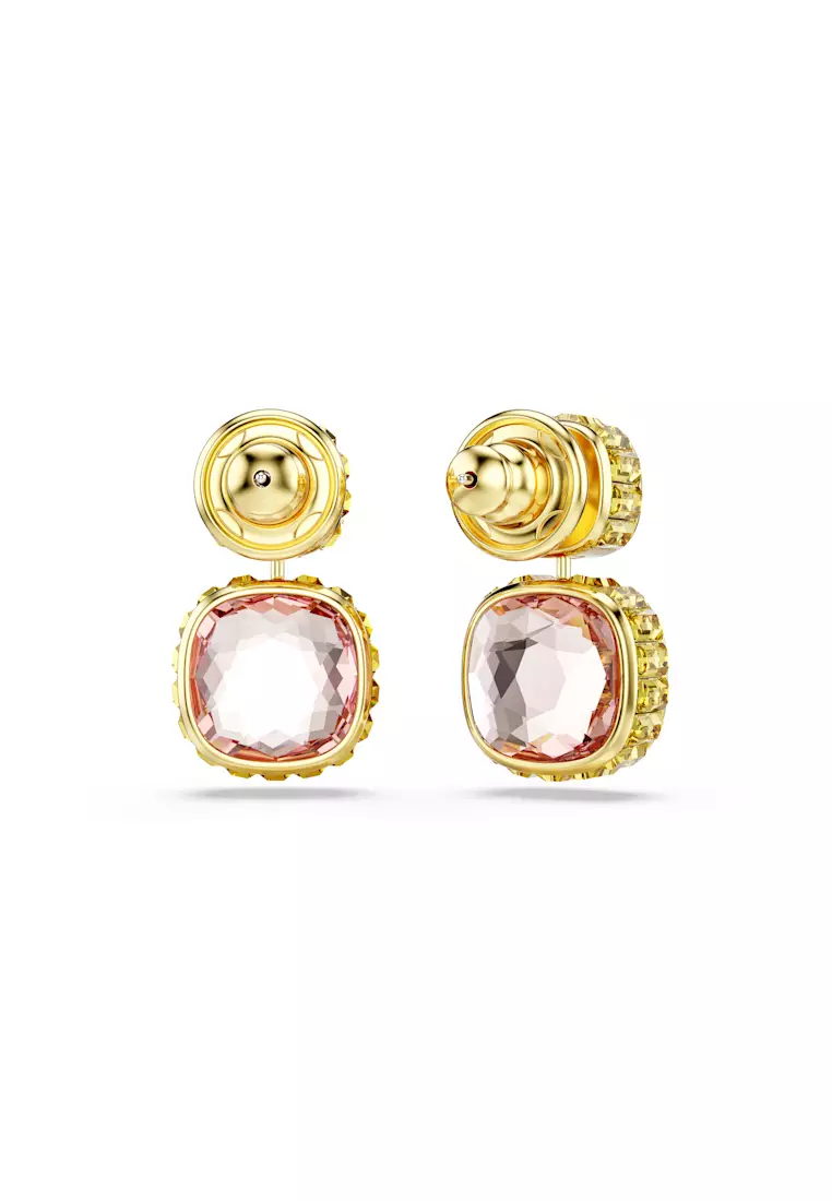 Chroma drop earrings, Cushion cut, Multicolored, Gold-tone plated