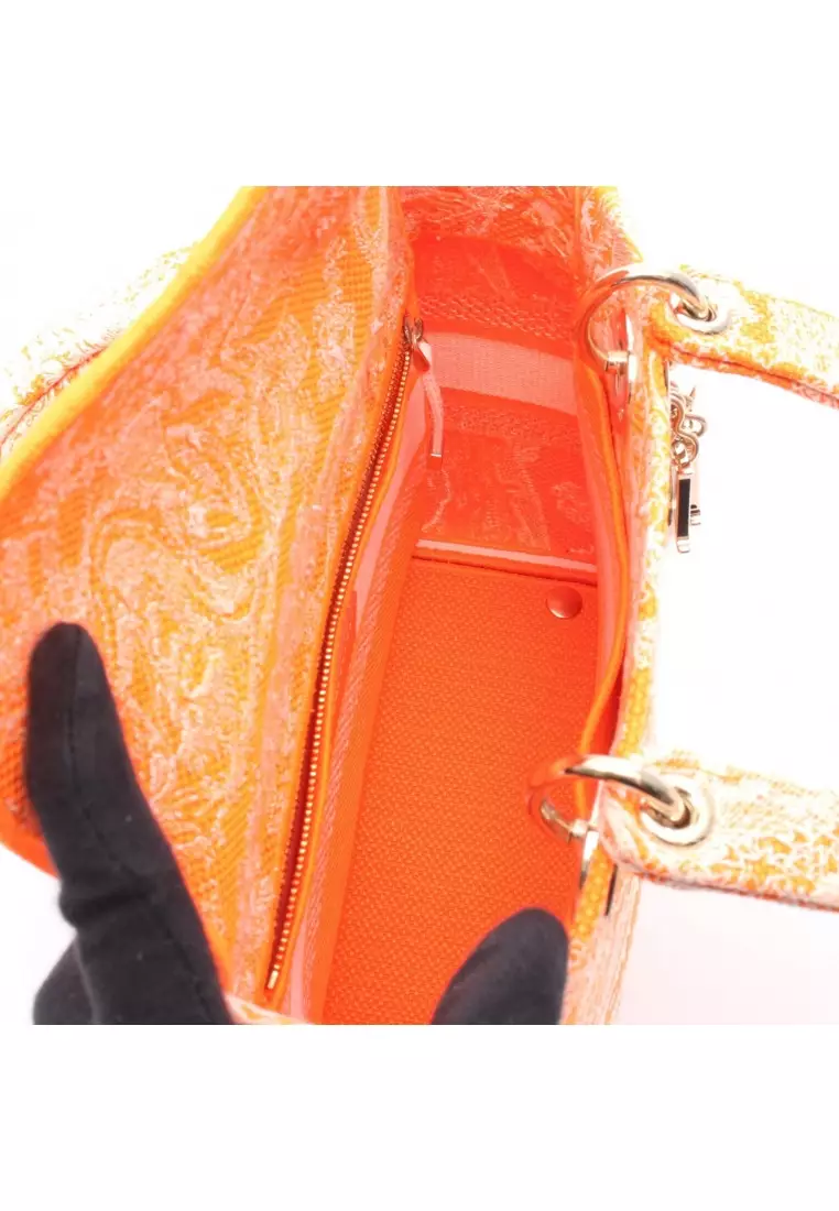 Pre-Loved Christian Dior LADY D-LITE Medium 2WAY Handbag canvas orange white