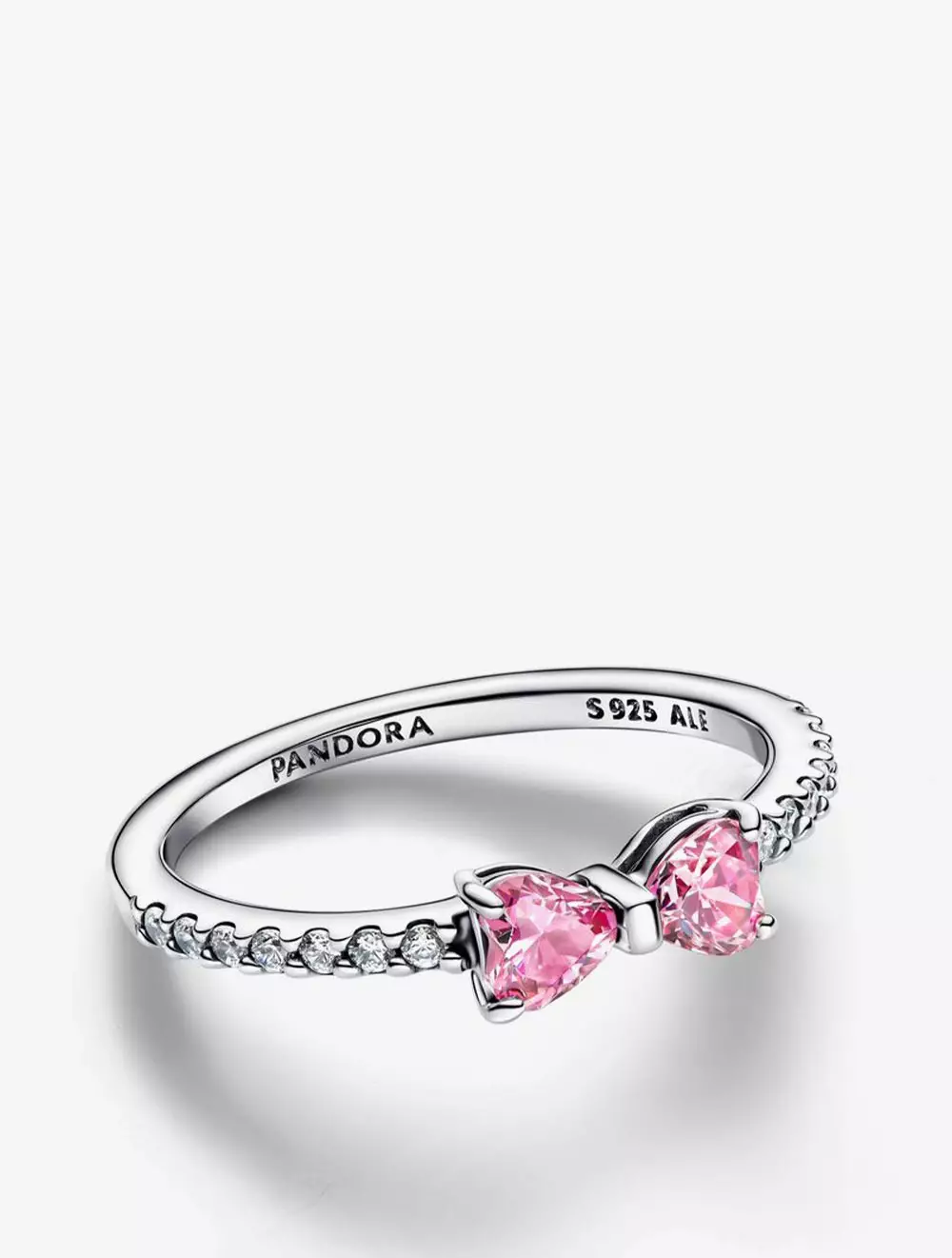 Bow sterling silver ring with fancy pink and clear cubic zirconia