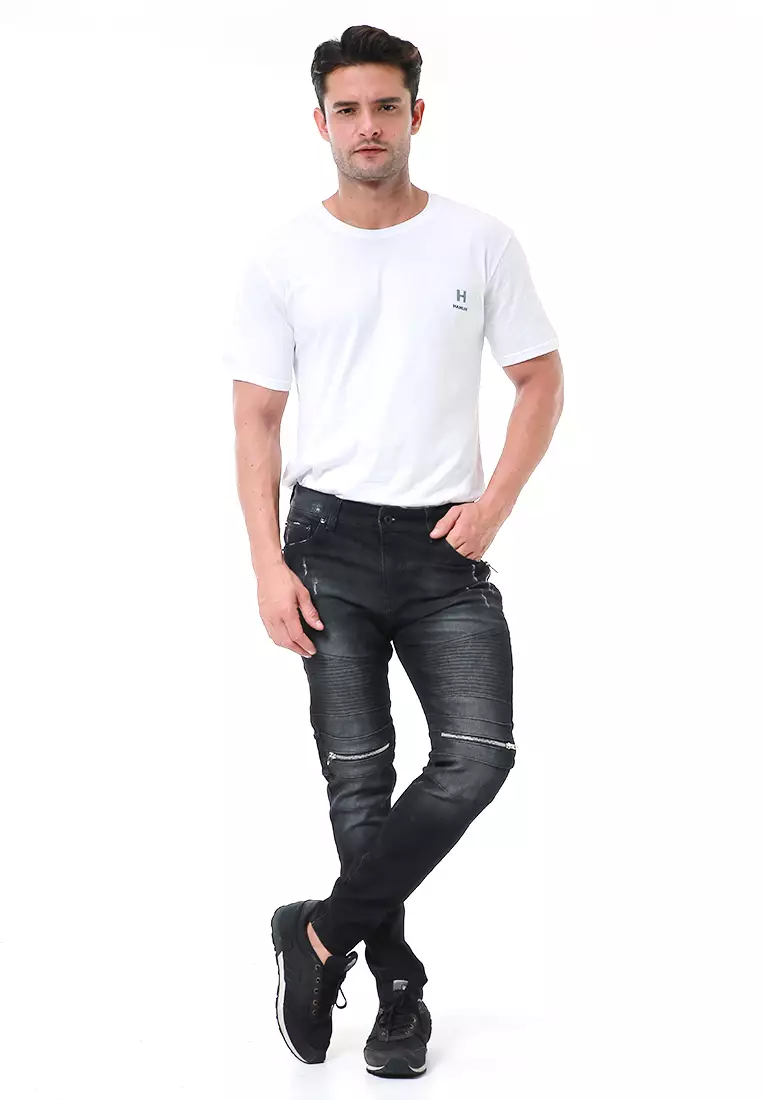 Nemanja Celana Casual Pria Biker Jeans Long Pants Zipper Design Material Denim ORIGINAL - Black