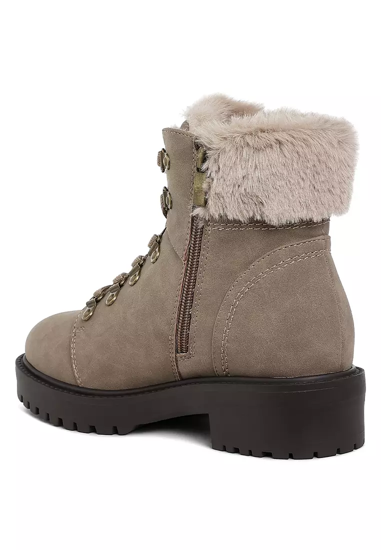 Faux Fur Collar Ankle Boots in Taupe