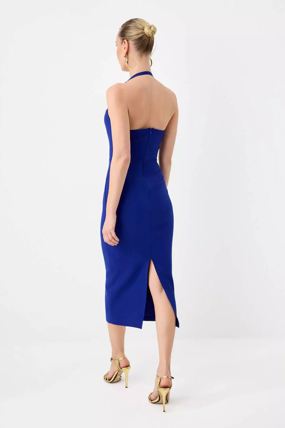Saks Plain Straight Cut Accessory Detailed Woven Finike Midi Unlined Stylish/Evening Dress
