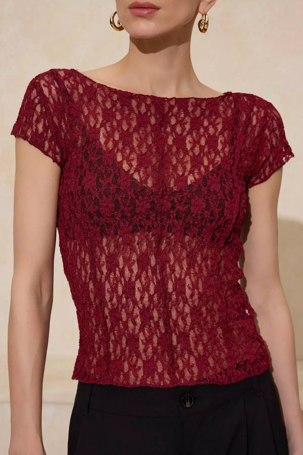 Burgundy Fitted/Bodycon Boat Neck Short Sleeve Lace Knitted Blouse Twoss26Bz185