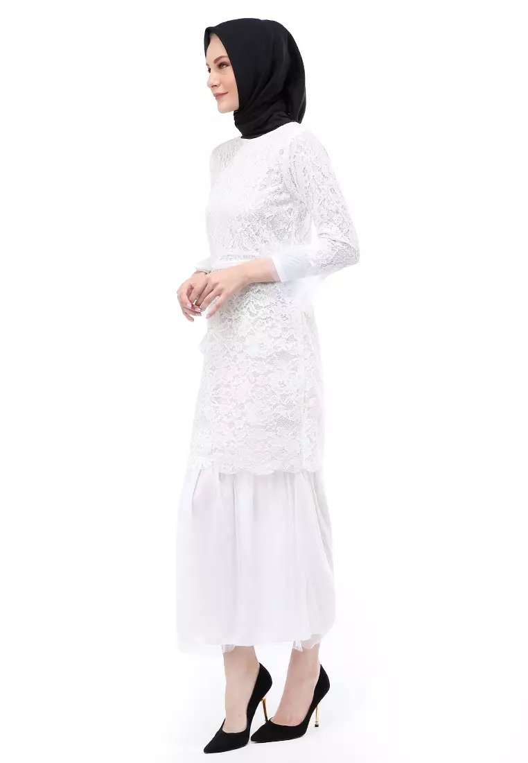 Selena Gamis Muslimah Wanita Motif Brukat Long Sleeve Regular Fit - Putih